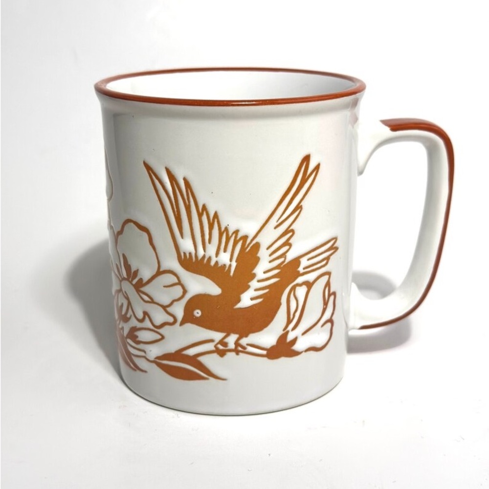 Vintage Coffe Mug Orange, 70s, Floral With Bird, MCM